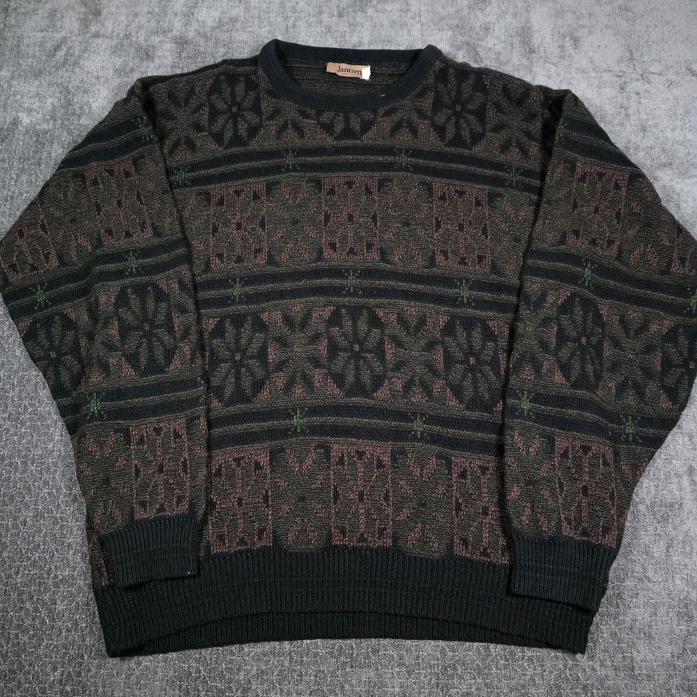 Vintage Made In USA Jantzen Mens XL Tall Fair Isle Sweater Black Green XLT 90s